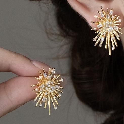 Sparkling Fireworks Earrings, Women's Summer Light Luxury Charm, Metal Zircon Earrings, Exaggerated Personality, Unique and High End Earrings