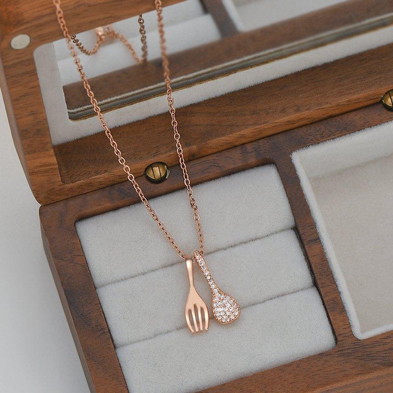 Korean Fashion Micro Inlaid Zircon Spoon and Fork Necklace for Women - Cute Tableware Collarbone Chain Jewelry