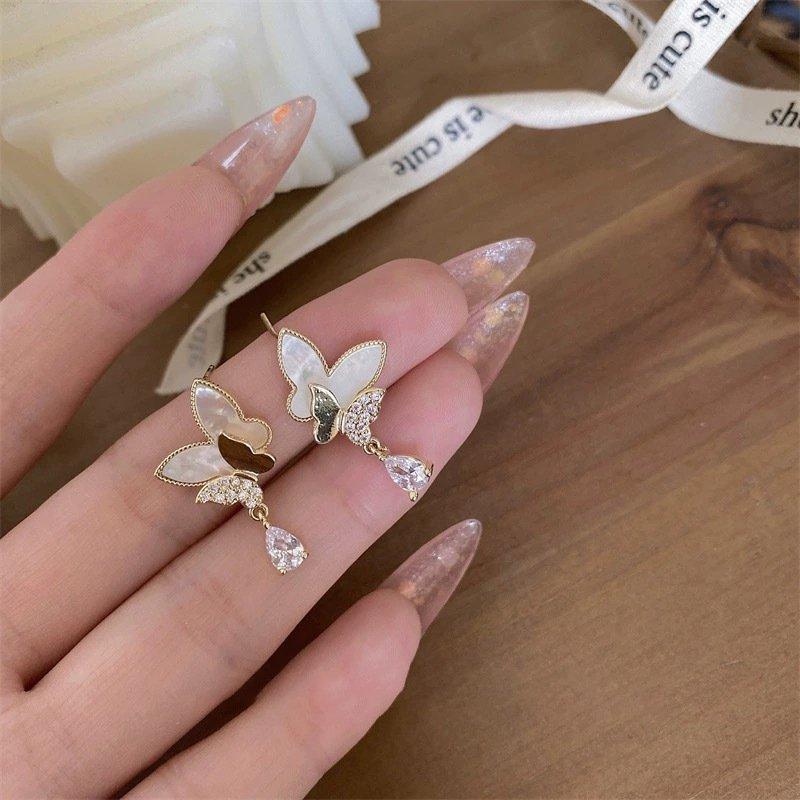 New Butterfly Shell Zircon Earrings S925 Silver stud post Earrings Women's Korean Style Fashion Hundred Water Drop Pendant Earrings