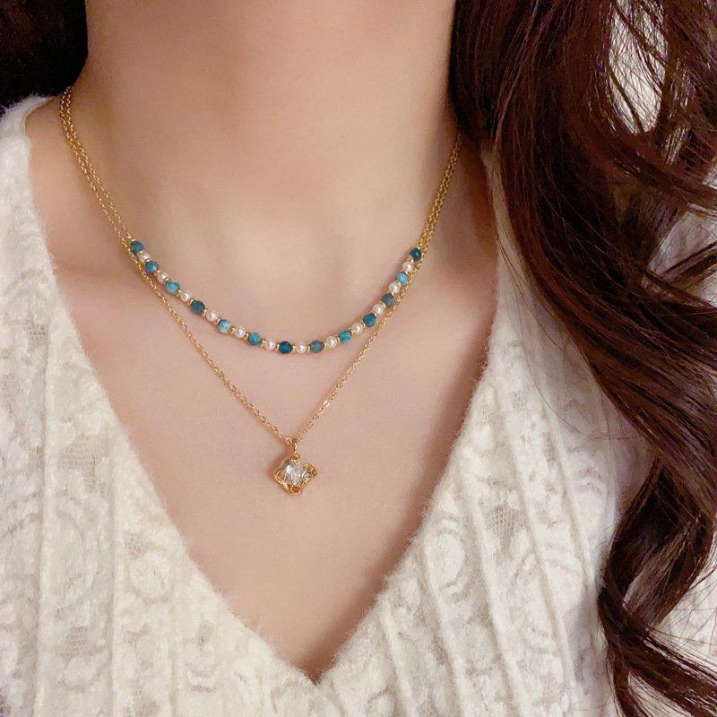 Exquisite Ancient Style Colorful Bead Necklace for Women - Double Layer Stacked Collarbone Chain, Versatile and Fashionable Light Luxury Jewelry