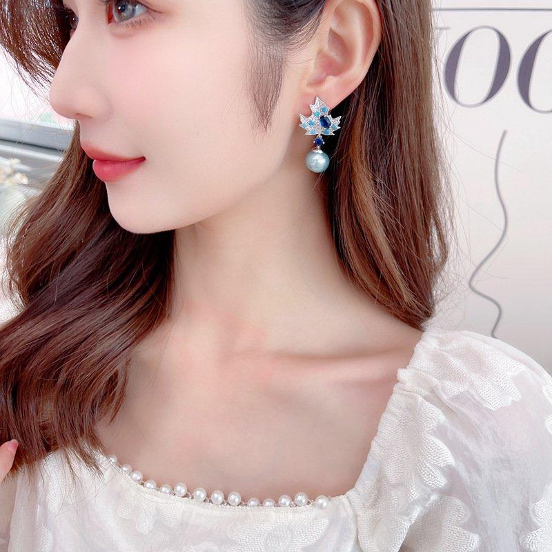 Retro style maple leaf pearl earrings, new S925 pure silver stud post anti allergy long crystal elegant earrings, trendy earrings