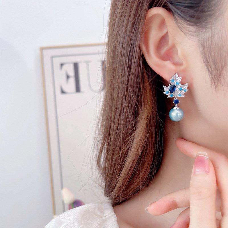 Retro style maple leaf pearl earrings, new S925 pure silver stud post anti allergy long crystal elegant earrings, trendy earrings