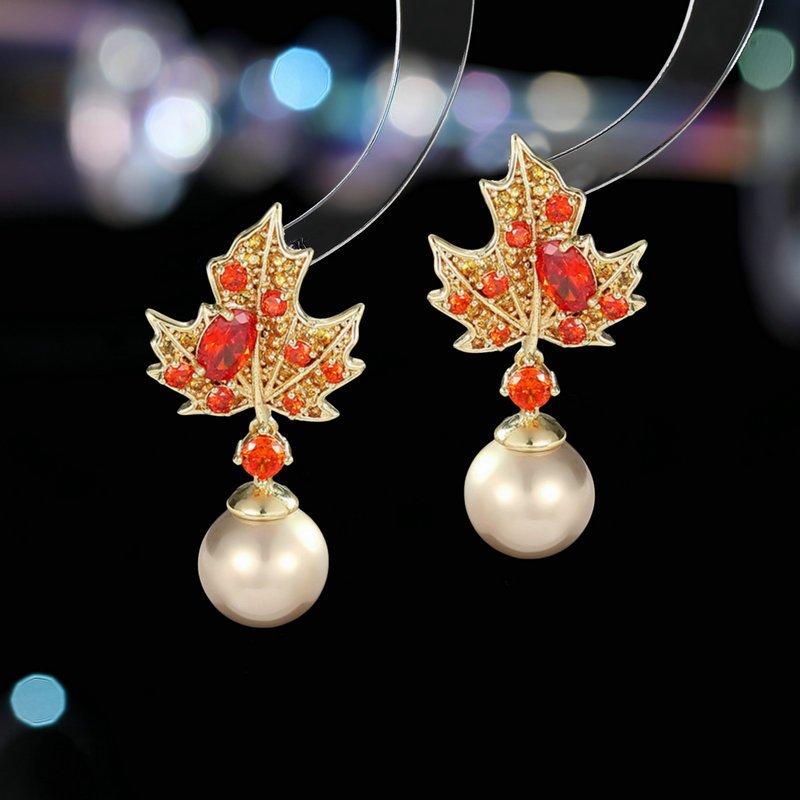 Retro style maple leaf pearl earrings, new S925 pure silver stud post anti allergy long crystal elegant earrings, trendy earrings