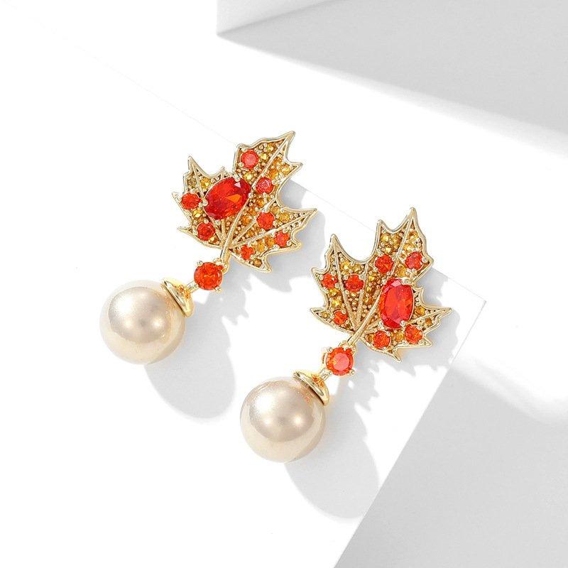 Retro style maple leaf pearl earrings, new S925 pure silver stud post anti allergy long crystal elegant earrings, trendy earrings