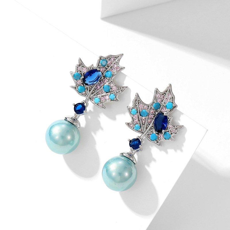 Retro style maple leaf pearl earrings, new S925 pure silver stud post anti allergy long crystal elegant earrings, trendy earrings