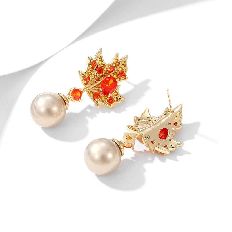 Retro style maple leaf pearl earrings, new S925 pure silver stud post anti allergy long crystal elegant earrings, trendy earrings