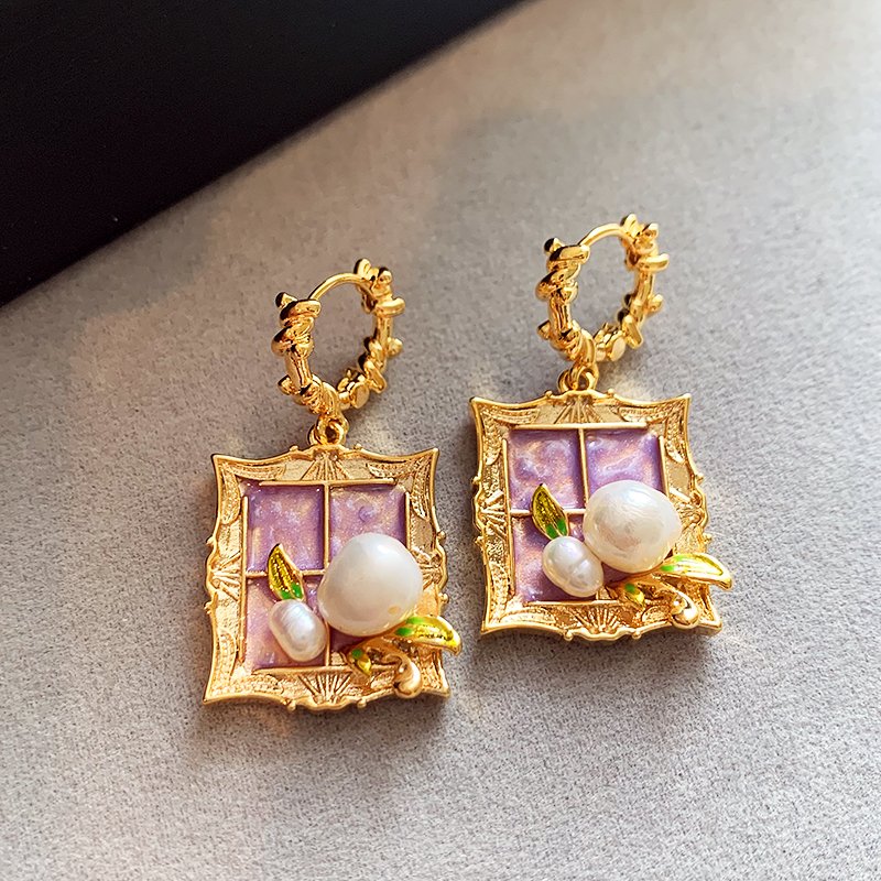 Monet Garden Baroque Natural Pearl Earrings in Purple Oil Painting Style for Women - Light Luxury High-End Unique Design
