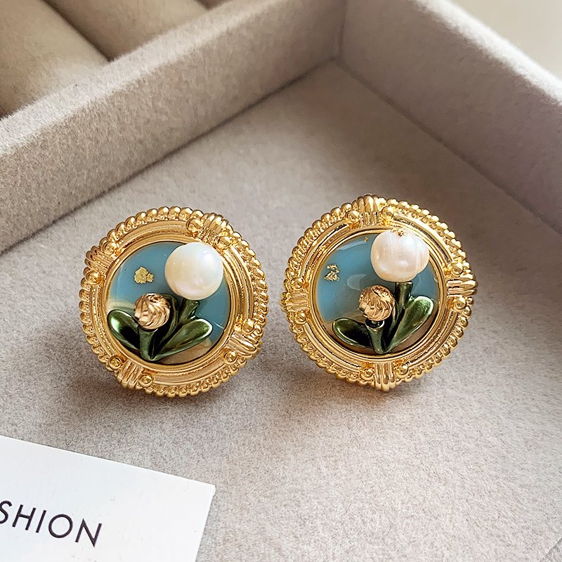 Monet Garden Oil Painting Series Irregular Baroque Natural Pearl Earrings Women's Light Luxury High End Earrings and Accessories