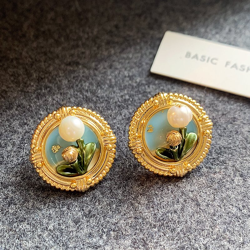 Monet Garden Oil Painting Series Irregular Baroque Natural Pearl Earrings Women's Light Luxury High End Earrings and Accessories