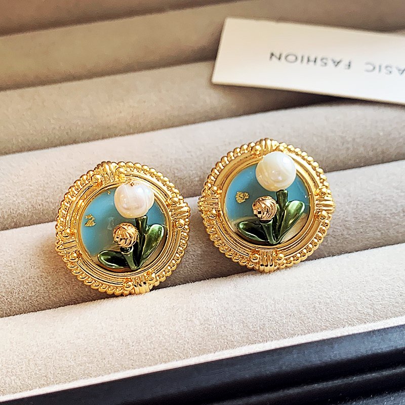 Monet Garden Oil Painting Series Irregular Baroque Natural Pearl Earrings Women's Light Luxury High End Earrings and Accessories