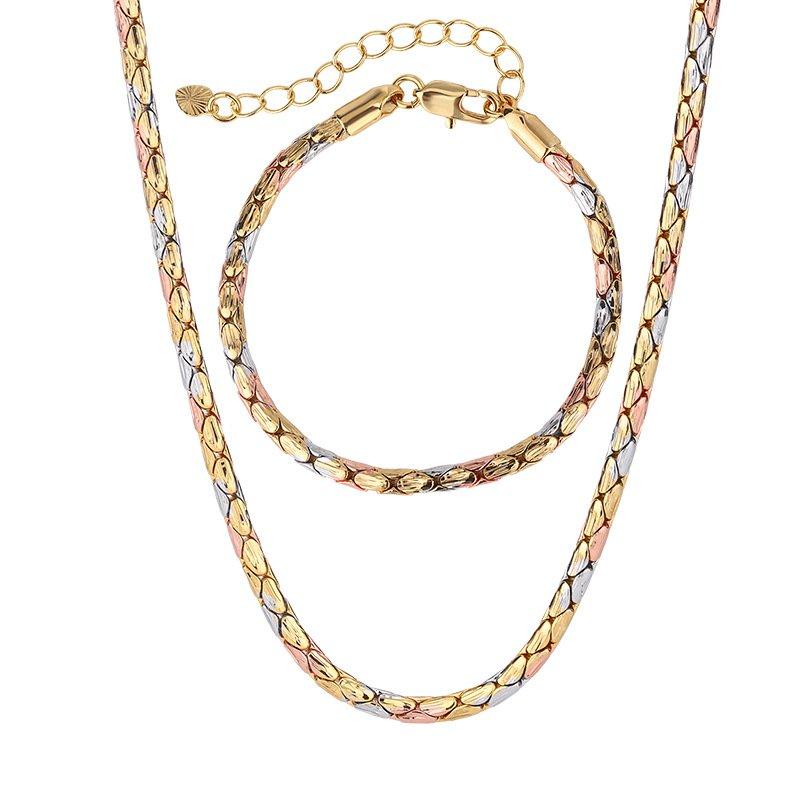 Vintage Gold-Plated Copper Necklace and Cuban Bracelet Set - Exquisite Electroplated Design