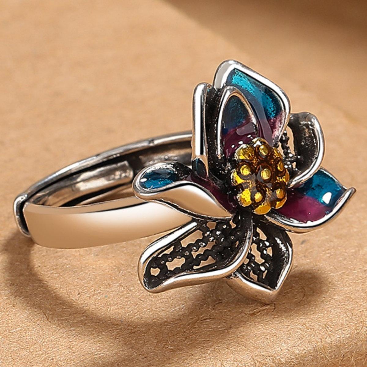 Retro ethnic scenery, Thai blue enamel lotus ring, female personality, simple Thai silver fashion, vintage, living mouth ring