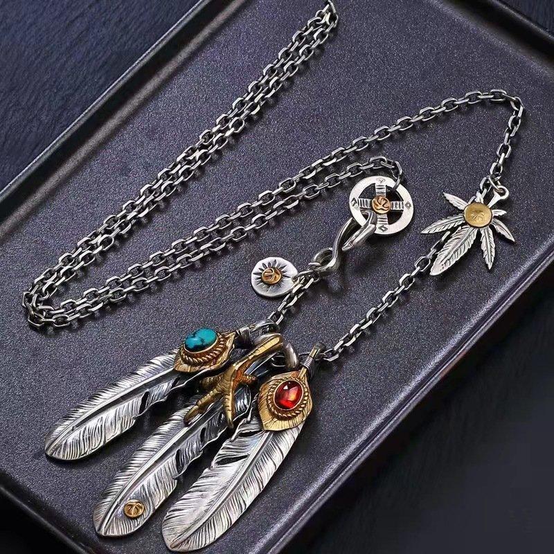 S925 Silver Tai Jiao Chain Set with Turquoise Feather Necklace in Takahashi Goro Style - Unisex Sweater Chain