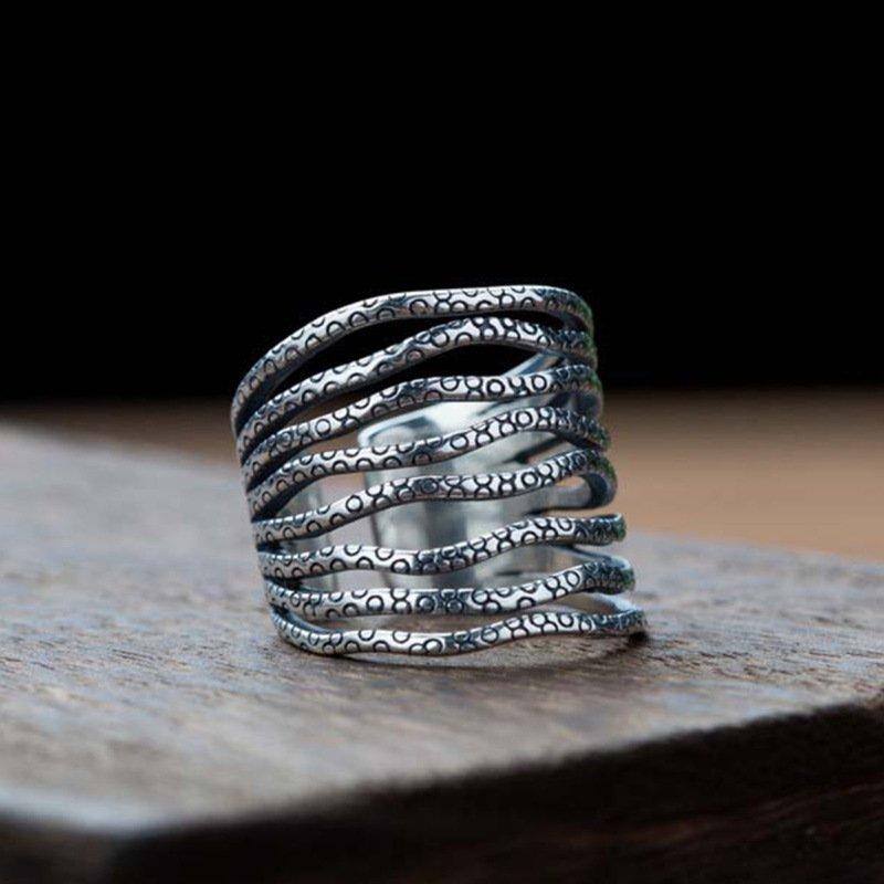 S925 Silver Adjustable Wave Retro Hollow Ring for Women - Trendy Fashion Index Finger Jewelry