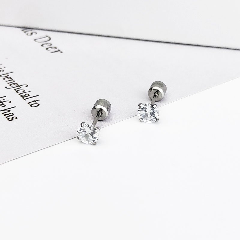Earstuds, women's diamond earrings, super sparkling double headed zircon, simple and compact ear care stick, titanium steel earrings, Japanese and Korean