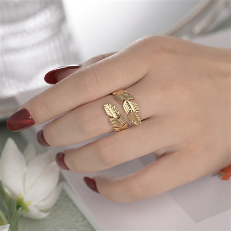 European and American Fashion Feather Ring Open Titanium Steel Ring Angel Wings Hip Hop Style Stainless Steel Ring Jewelry