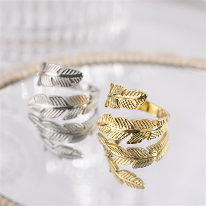 European and American Fashion Feather Ring Open Titanium Steel Ring Angel Wings Hip Hop Style Stainless Steel Ring Jewelry