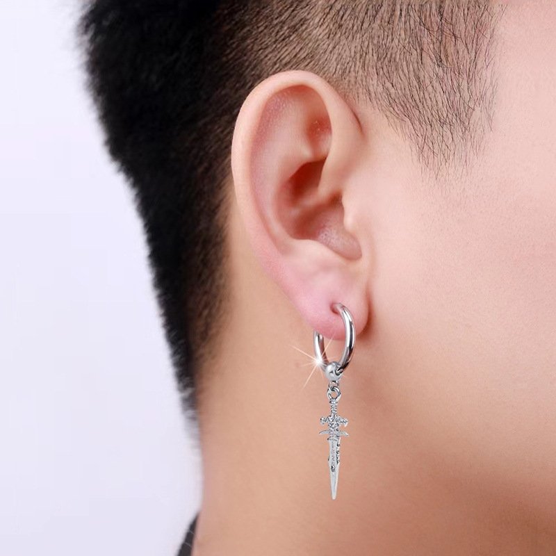 Retro Cross Sword Pendant Titanium Steel Earrings Stainless Steel Earbone Buckles Street Hip Hop Earrings Ear Accessories