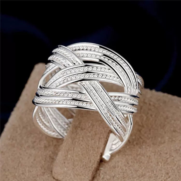 925 Silver Wide Mesh Ring for Women with Adjustable Opening - Geometric European and American Fashion Jewelry