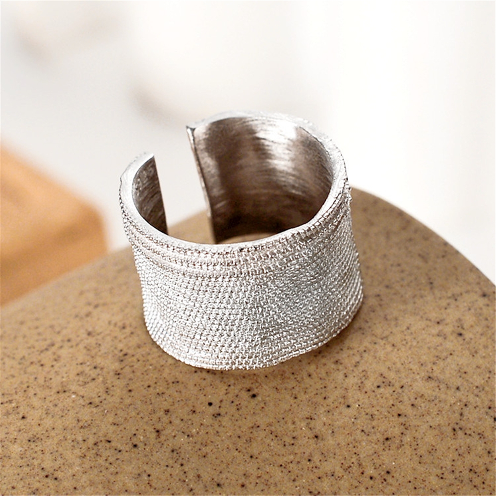 925 sterling silver ring, women's wide textured ring with an open mouth, Korean version, fashionable, simple, personalized jewelry