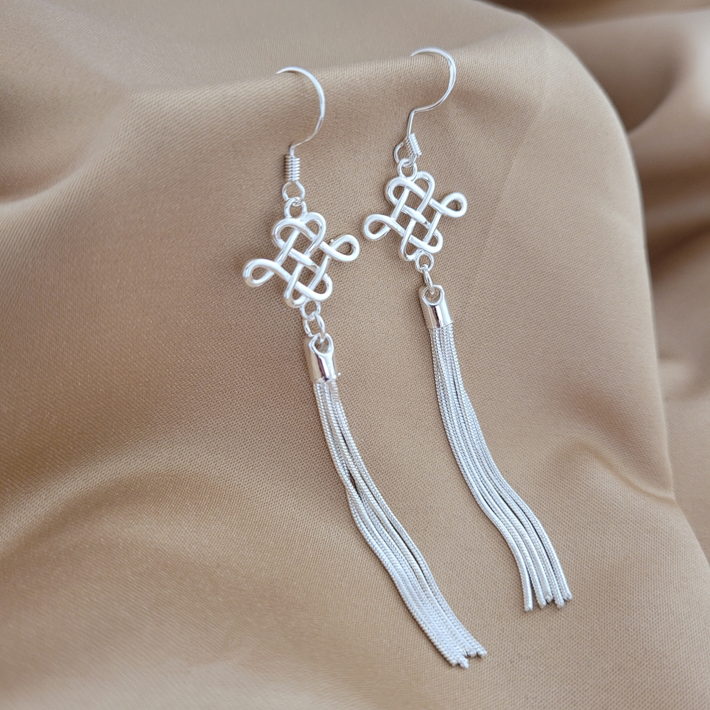 Silver Concentric Knot Tassel Earrings for Women - Fashionable Ethnic Style Long Drop Jewelry